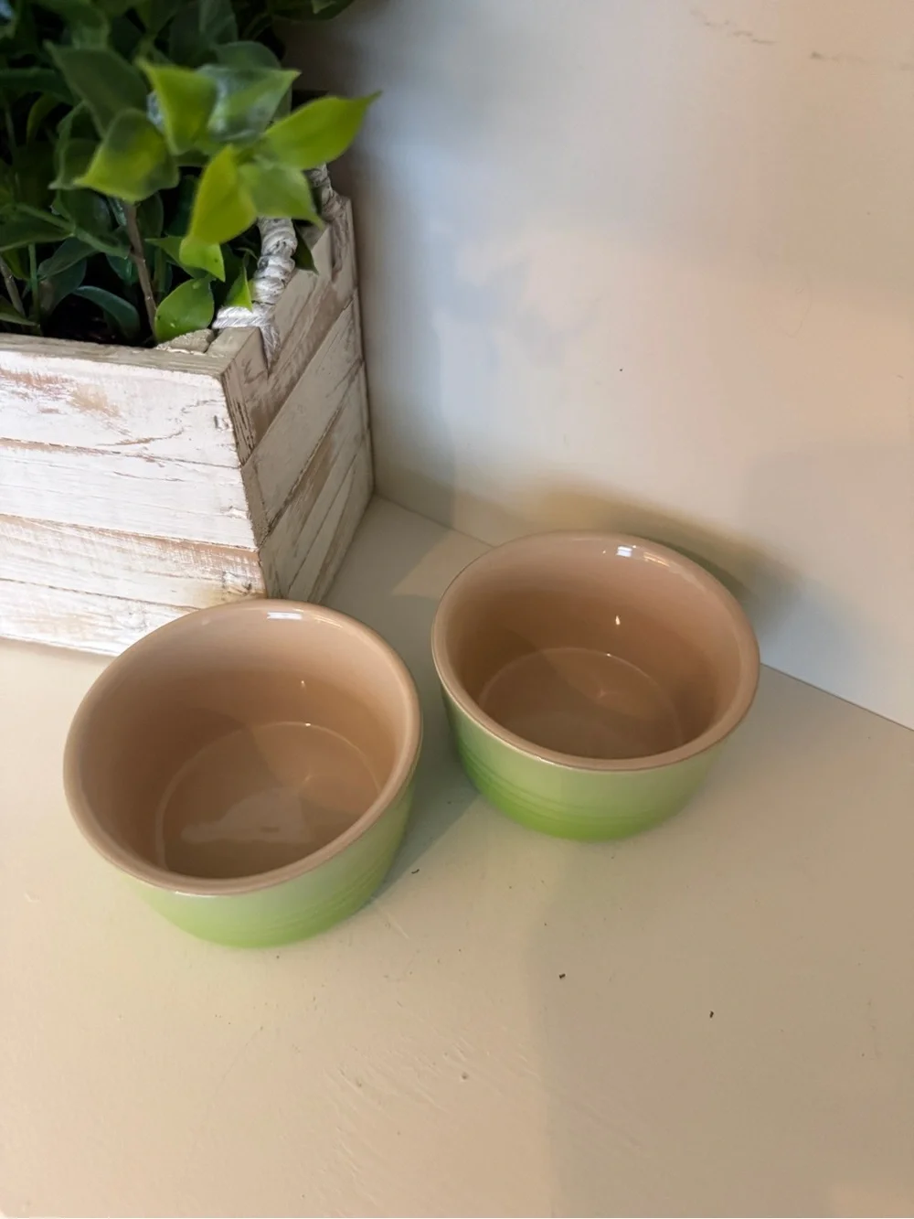 Le Creuset Green Stoneware Ramekins Set of 2 4” Mini Bowls